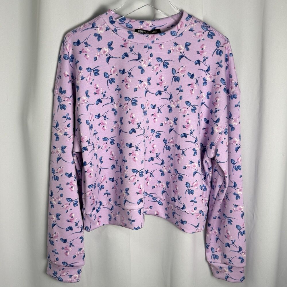 Honey And Sparkle Pink All Over Floral Print Long Sleeve Sweatshirt Sz Large New